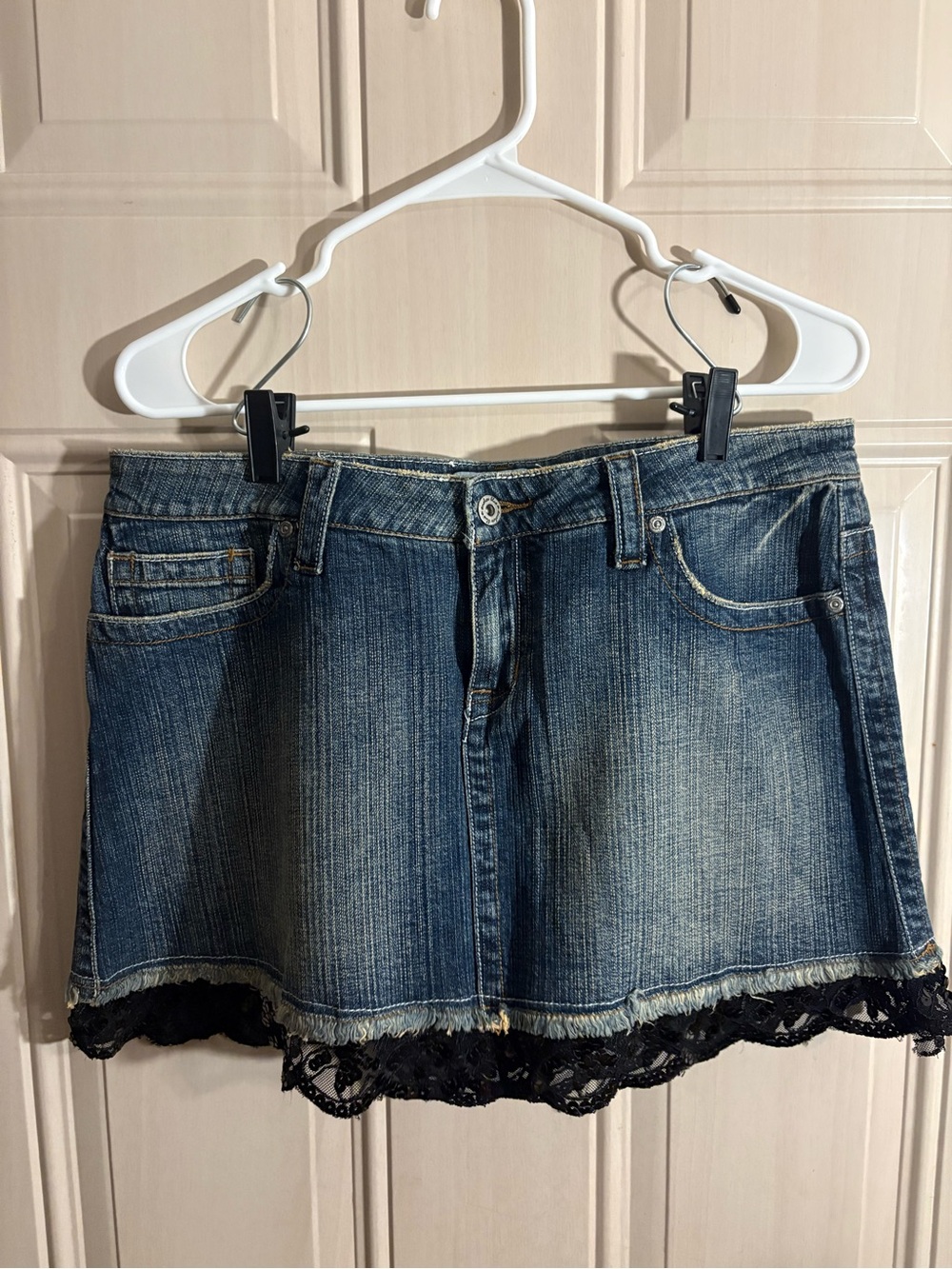 anchor blue Denim Mini Skirt with Black Lace Hem Y2K Fairy Whimsy Bratz
